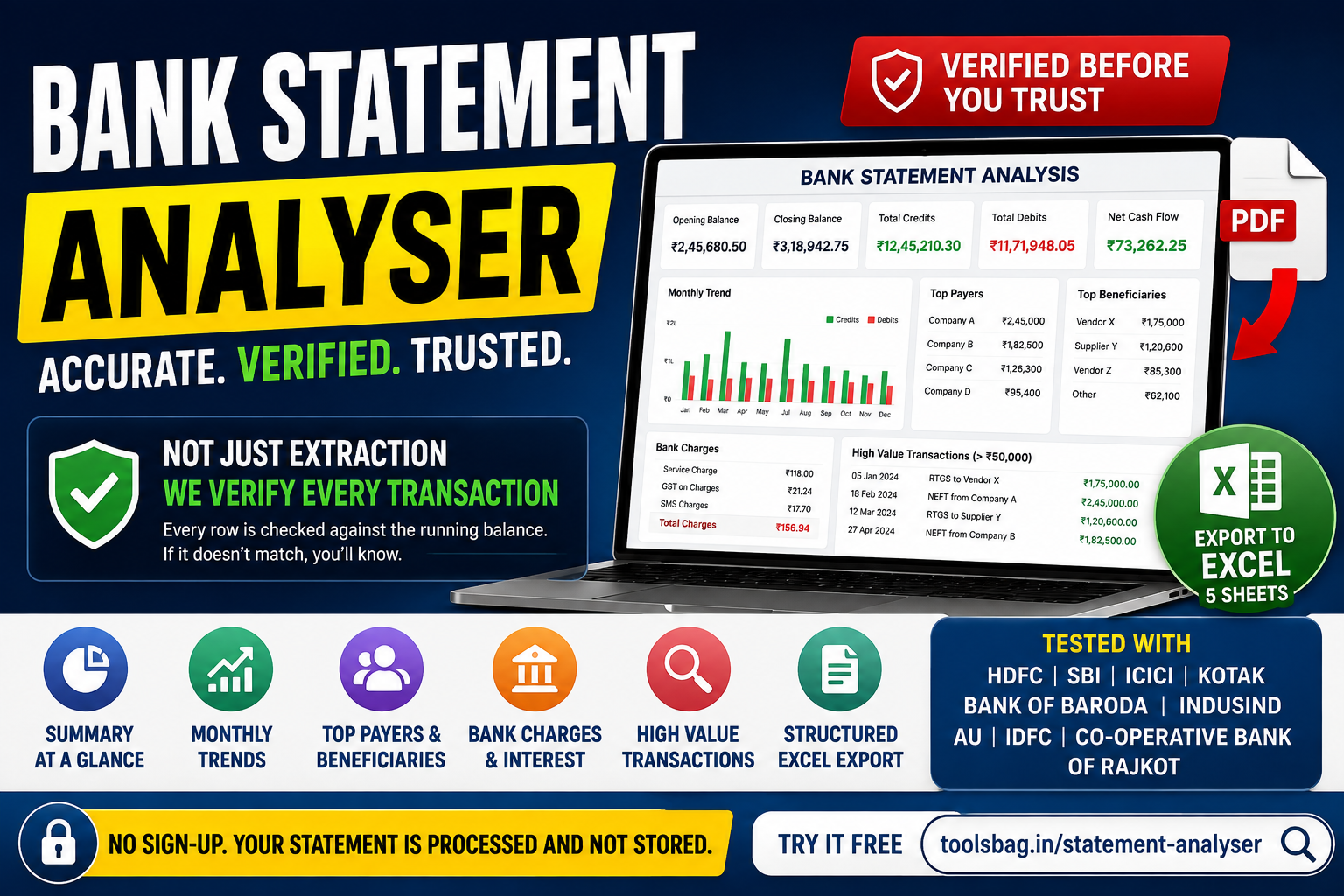 Bank Statement Analyser Online – PDF, Excel & CSV | ToolsBag