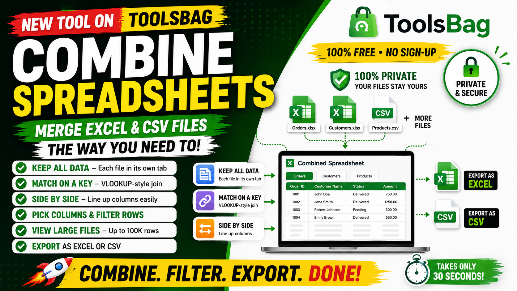Merge Excel & CSV Files Online — Free VLOOKUP Alternative