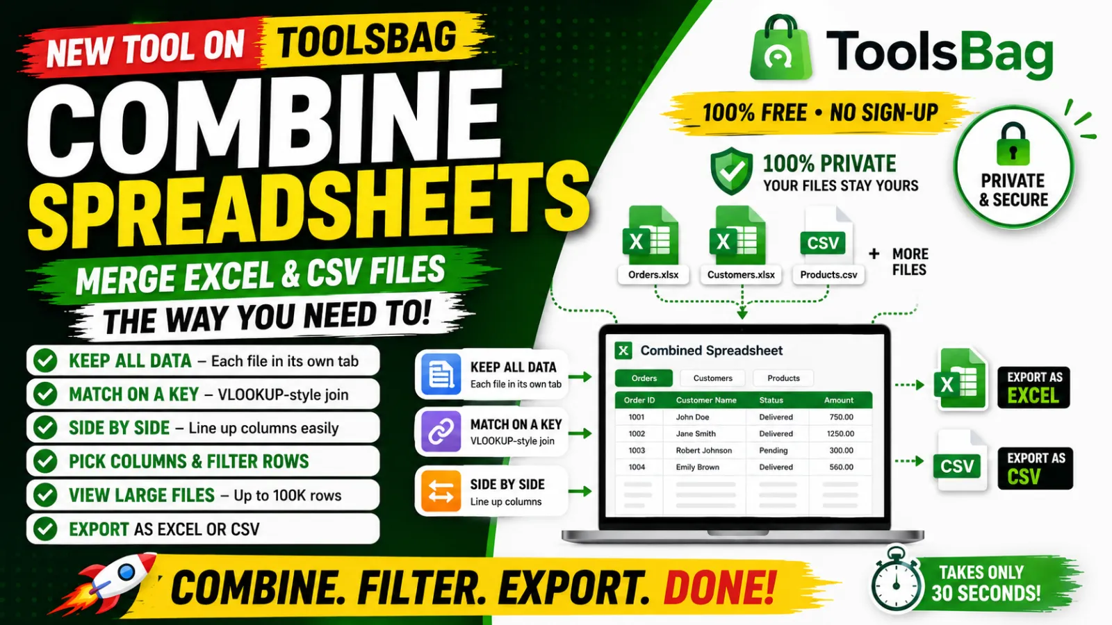 Merge Excel & CSV Files Online — Free VLOOKUP Alternative